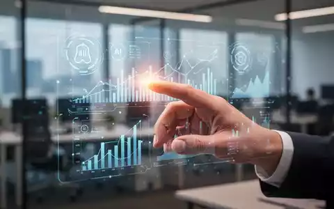 Eine Hand interagiert mit einer holografischen Anzeige von Finanzdaten und KI-Symbolen in einem modernen Büroumfeld. - Foto: über boerse-global.de