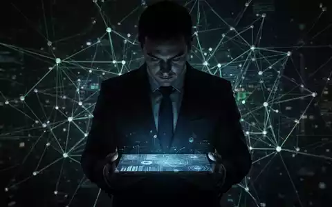 Eine schattige Figur im Anzug, die ein leuchtendes Tablet mit Cybersicherheitsdaten hält, umgeben von einem digitalen Netzwerk. - Foto: über boerse-global.de