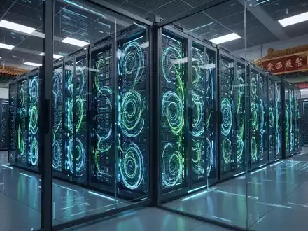 Nahaufnahme von leuchtenden Supercomputer-Server-Racks in einem hochmodernen Rechenzentrum, die technologischen Fortschritt symbolisieren. - Foto: über boerse-global.de