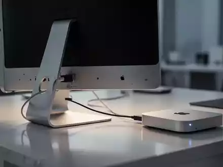 Ein alter Apple Cinema Display an einem modernen Mac Mini auf einem minimalistischen Schreibtisch, Retro-Technik in zeitgenössischem Setup. - Foto: über boerse-global.de