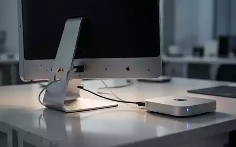 Ein alter Apple Cinema Display an einem modernen Mac Mini auf einem minimalistischen Schreibtisch, Retro-Technik in zeitgenössischem Setup. - Foto: über boerse-global.de