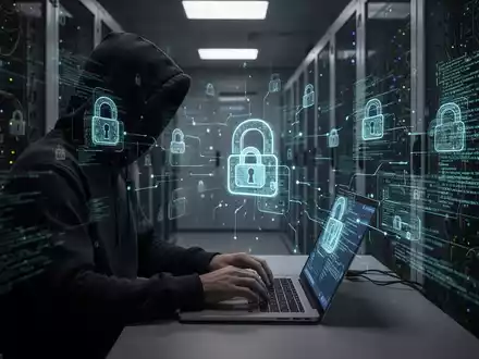 Verschattete Gestalt im Hoodie tippt auf Laptop, umgeben von leuchtendem Code und digitalen Schlosssymbolen, die Cyberbedrohungen symbolisieren. - Foto: über boerse-global.de