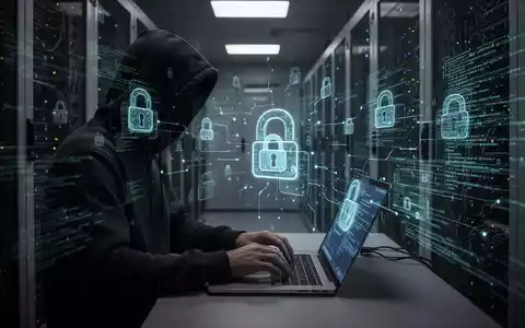 Verschattete Gestalt im Hoodie tippt auf Laptop, umgeben von leuchtendem Code und digitalen Schlosssymbolen, die Cyberbedrohungen symbolisieren. - Foto: über boerse-global.de