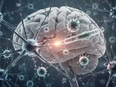 Nahaufnahme von stilisierten Neuronen und Immunzellen, die in einem Gehirn interagieren, mit einem subtilen Glühen, das die Wirkung eines Impfstoffs darstellt. - Foto: über boerse-global.de