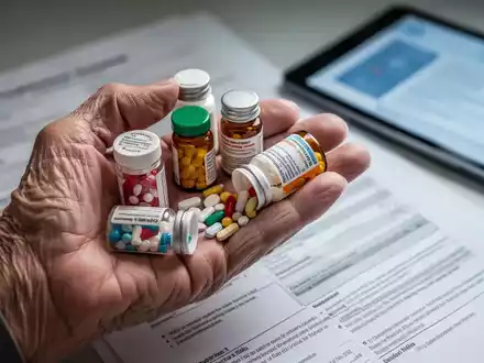Nahaufnahme der Hand einer älteren Person, die verschiedene Pillendosen hält, einige offen mit herausfallenden Pillen. - Foto: über boerse-global.de