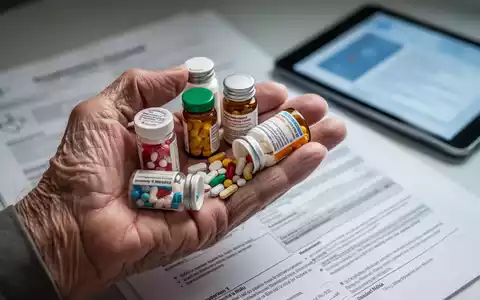 Nahaufnahme der Hand einer älteren Person, die verschiedene Pillendosen hält, einige offen mit herausfallenden Pillen. - Foto: über boerse-global.de