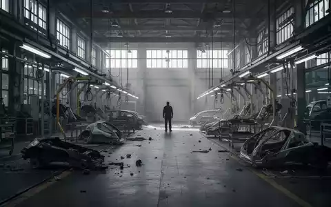 Eine leere deutsche Autofabrik mit gedämpftem Licht und einem einzelnen, silhouettierten Arbeiter, der auf die leeren Montagelinien blickt. - Foto: über boerse-global.de