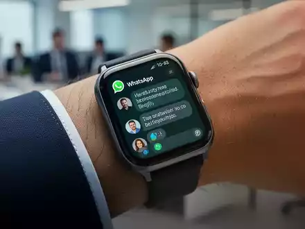 Smartwatch am Handgelenk mit WhatsApp-Oberfläche, Chatblasen und Kontaktfotos sichtbar. - Foto: über boerse-global.de