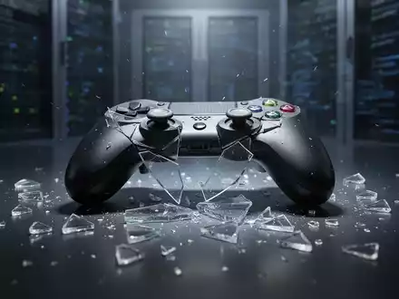 Ein zerbrochener Videospiel-Controller liegt auf einer dunklen, reflektierenden Oberfläche, umgeben von schwachem Licht. - Foto: über boerse-global.de