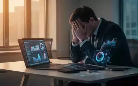 Eine gestresste Person sitzt am Schreibtisch, den Kopf in den Händen, vor einem Laptop mit Datenvisualisierungen. - Foto: über boerse-global.de