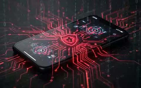 Smartphone-Bildschirm mit abstrakten digitalen Bedrohungsindikatoren, überlagert mit einem leuchtend roten Leiterplattenmuster, vor dunklem Hintergrund. - Foto: über boerse-global.de