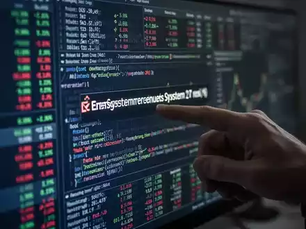 Nahaufnahme eines verschwommenen Computerbildschirms mit komplexen Finanzdaten und Code, eine Hand zeigt auf eine Fehlermeldung. - Foto: über boerse-global.de