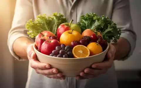 Hände halten eine Schale mit frischen Früchten und Gemüse, symbolisiert gesunde Ernährung und Fasten zur Schmerzlinderung. - Foto: über boerse-global.de