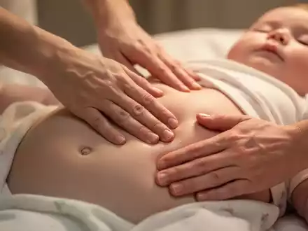 Nahaufnahme eines Babys, dessen Bauch von Erwachsenenhänden sanft massiert wird, um Verdauungsbeschwerden zu lindern. - Foto: über boerse-global.de