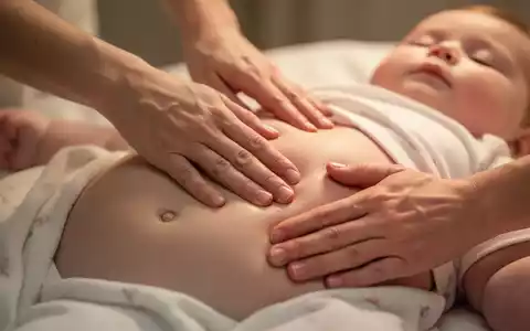 Nahaufnahme eines Babys, dessen Bauch von Erwachsenenhänden sanft massiert wird, um Verdauungsbeschwerden zu lindern. - Foto: über boerse-global.de