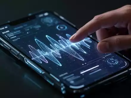 Nahaufnahme eines Smartphone-Bildschirms mit abstrakten Schallwellen und KI-Schnittstelle, eine Hand berührt ihn. - Foto: über boerse-global.de