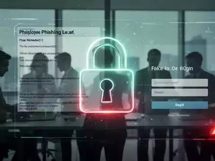 Ein stilisiertes, leuchtendes Vorhängeschloss-Symbol über einer digitalen Schnittstelle mit einer Phishing-E-Mail und einem gefälschten Anmeldebildschirm. - Foto: über boerse-global.de