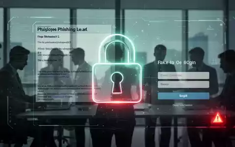 Ein stilisiertes, leuchtendes Vorhängeschloss-Symbol über einer digitalen Schnittstelle mit einer Phishing-E-Mail und einem gefälschten Anmeldebildschirm. - Foto: über boerse-global.de