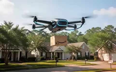 Eine Amazon Prime Air MK30 Drohne fliegt über ein Vorstadtviertel in Baton Rouge und liefert ein Paket aus. - Foto: über boerse-global.de