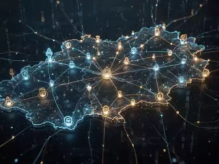 Eine stilisierte, leuchtende digitale Karte von Österreich mit verbundenen Knoten, die Datenflüsse und digitale Infrastruktur darstellen. - Foto: über boerse-global.de
