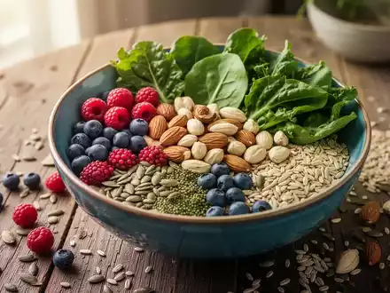 Eine Nahaufnahme einer bunten Schale mit entzündungshemmenden Lebensmitteln wie Beeren, Nüssen und grünem Blattgemüse auf einem Holztisch. - Foto: über boerse-global.de