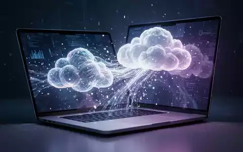 Abstraktes Bild mit leuchtenden Cloud-Daten, die in einen Laptop-Bildschirm fließen, symbolisiert digitale Wiederherstellung und automatische Sicherung. - Foto: über boerse-global.de