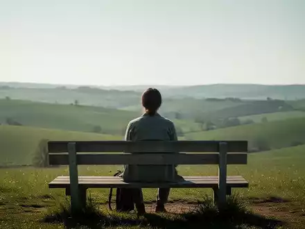 Eine Person sitzt entspannt auf einer Holzbank mit Blick auf eine friedliche, grüne Landschaft, die Ruhe und Einfachheit ausstrahlt. - Foto: über boerse-global.de