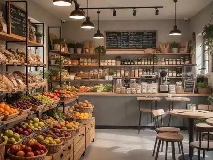 Ein gemütlicher Dorfladen mit Regalen voller regionaler Produkte und einem kleinen Café-Bereich, der eine einladende Atmosphäre schafft. - Foto: über boerse-global.de