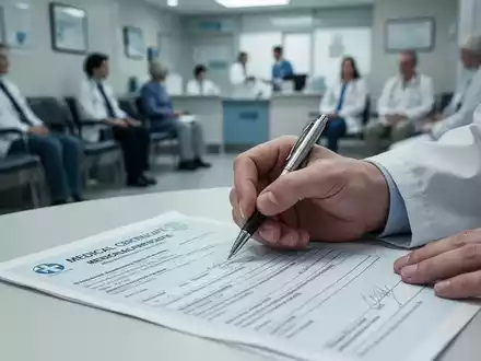 Nahaufnahme einer Hand, die eine Krankmeldung ausfüllt, im Hintergrund verschwommen ein Wartezimmer. - Foto: über boerse-global.de