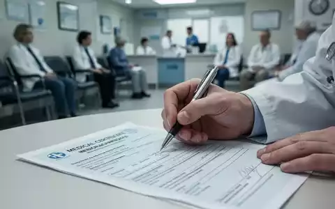 Nahaufnahme einer Hand, die eine Krankmeldung ausfüllt, im Hintergrund verschwommen ein Wartezimmer. - Foto: über boerse-global.de