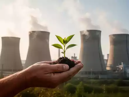 Eine Hand hält einen grünen Setzling vor dem Hintergrund industrieller Kühltürme, die Dampf abgeben. - Foto: über boerse-global.de