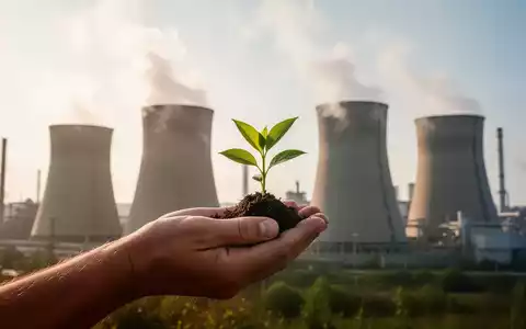 Eine Hand hält einen grünen Setzling vor dem Hintergrund industrieller Kühltürme, die Dampf abgeben. - Foto: über boerse-global.de