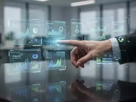 Eine Hand interagiert mit einem holografischen Benutzerinterface, das mehrere Anwendungsfenster und Produktivitätstools anzeigt, in Blau- und Grüntönen leuchtend. - Foto: über boerse-global.de