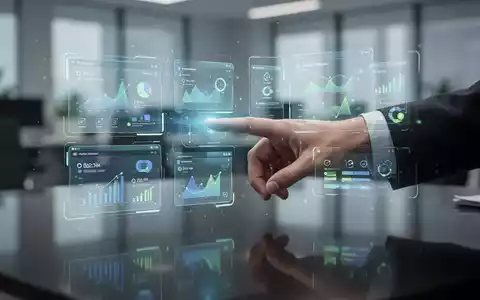 Eine Hand interagiert mit einem holografischen Benutzerinterface, das mehrere Anwendungsfenster und Produktivitätstools anzeigt, in Blau- und Grüntönen leuchtend. - Foto: über boerse-global.de