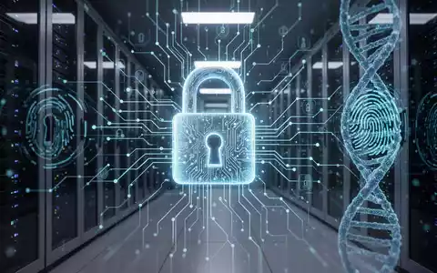 Leuchtende, abstrakte Darstellung eines digitalen Schlosses mit verschlungenen DNA-Strängen, die Datensicherheit und genetische Privatsphäre symbolisieren. - Foto: über boerse-global.de