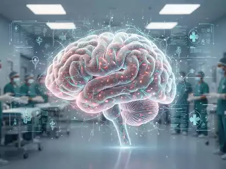 Eine futuristische, leuchtende Darstellung eines menschlichen Gehirns mit digitalen Datenströmen ĂŒberlagert, schwebend in einer modernen medizinischen Umgebung. - Foto: ĂŒber boerse-global.de