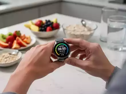 Eine Person hält eine digitale Uhr mit einer Fastenuhr, im Hintergrund ein unscharfes Bild eines gesunden Frühstücks. - Foto: über boerse-global.de