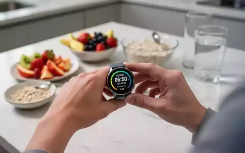 Eine Person hält eine digitale Uhr mit einer Fastenuhr, im Hintergrund ein unscharfes Bild eines gesunden Frühstücks. - Foto: über boerse-global.de