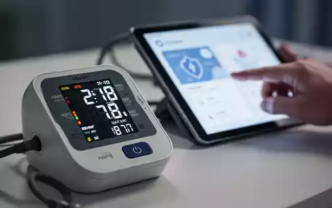 Nahaufnahme eines digitalen Blutdruckmessgeräts mit hohen Werten und einer verschwommenen Hand, die mit einem Tablet und einer Gesundheits-App interagiert. - Foto: über boerse-global.de