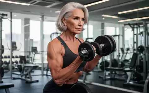 Eine elegante Frau über 50 beim Krafttraining mit einer Hantel in einem modernen Fitnessstudio. - Foto: über boerse-global.de
