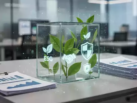 Ein transparenter Glaswürfel auf einem Schreibtisch mit Finanzberichten. Grüne Blätter und ESG-Symbole sind im Würfel integriert. - Foto: über boerse-global.de