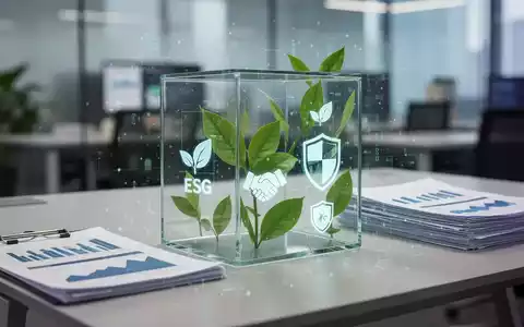 Ein transparenter Glaswürfel auf einem Schreibtisch mit Finanzberichten. Grüne Blätter und ESG-Symbole sind im Würfel integriert. - Foto: über boerse-global.de