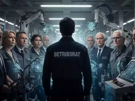 Ein Betriebsrat im Gespräch mit Kollegen und Vorgesetzten in einer modernen Fabrikhalle mit KI-Technologie. - Foto: über boerse-global.de