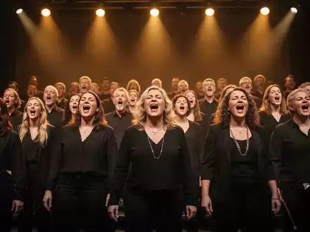 Ein vielfältiger Chor singt mit Begeisterung auf einer Bühne, warme Scheinwerfer beleuchten die Gesichter. Fokus auf Emotionen und Gemeinschaft. - Foto: über boerse-global.de