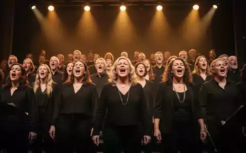 Ein vielfältiger Chor singt mit Begeisterung auf einer Bühne, warme Scheinwerfer beleuchten die Gesichter. Fokus auf Emotionen und Gemeinschaft. - Foto: über boerse-global.de