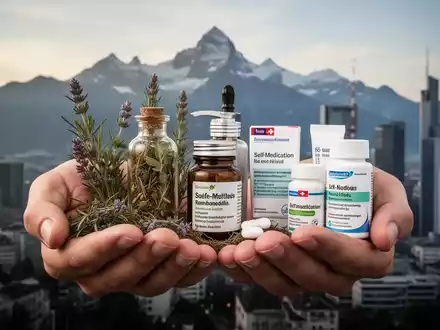 Hände halten traditionelle Schweizer Hausmittel und moderne Selbstmedikationsprodukte, mit Schweizer Alpen und Stadt im Hintergrund. - Foto: über boerse-global.de