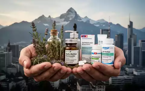 Hände halten traditionelle Schweizer Hausmittel und moderne Selbstmedikationsprodukte, mit Schweizer Alpen und Stadt im Hintergrund. - Foto: über boerse-global.de