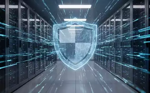 Eine futuristische Serverraum-Szene mit blauen Lichtströmen, die Cybersicherheit und KI-Verteidigung im Bankensektor darstellt. - Foto: über boerse-global.de