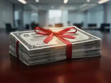 Ein Stapel physischer Aktienzertifikate, mit einem roten Band gebunden, auf einem polierten Holztisch. - Foto: über boerse-global.de