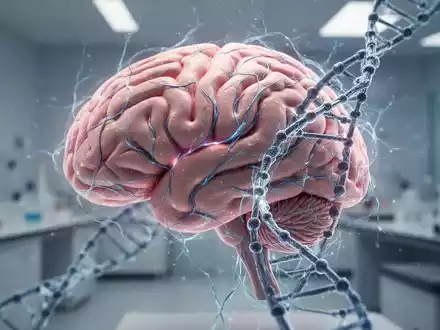 Ein detailliertes Modell des menschlichen Gehirns mit leuchtenden neuronalen Pfaden und abstrakt integrierten DNA-Spiralen. - Foto: über boerse-global.de